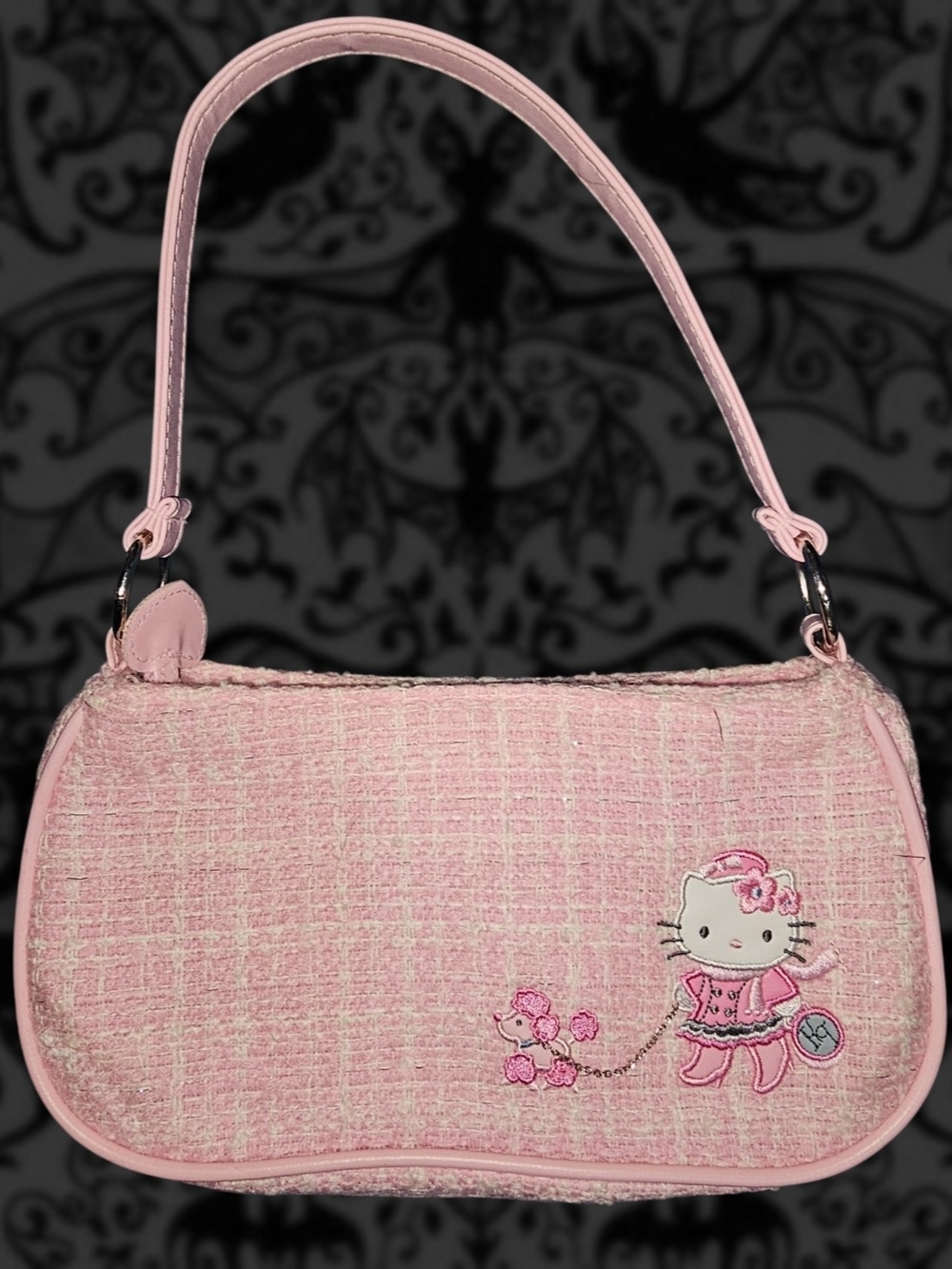 VTG 2004 Hello Kitty Tweed Shoulder Bag with Embroidered Poodle - Pink & White